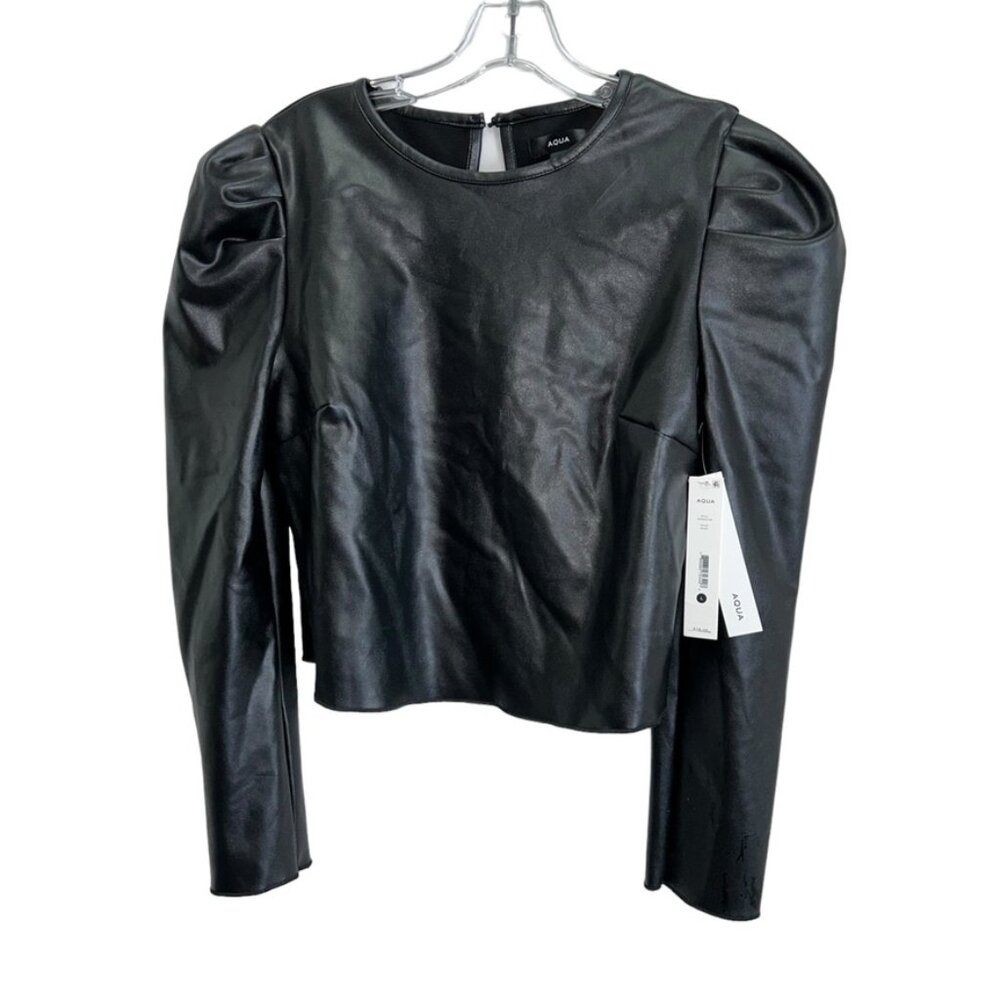 Aqua NEW NWT Black faux leather puff shirt sleeve shirt top L Hello Earl…